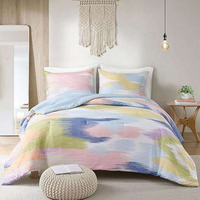Intelligent Design Queen Comforter Set, Chic Colorful Brushstroke Abstract Print, Girls Room Décor, All Season Queen Bedding Sets for Girls, Matching Sham, Full/Queen, Blue Multi 3 Piece