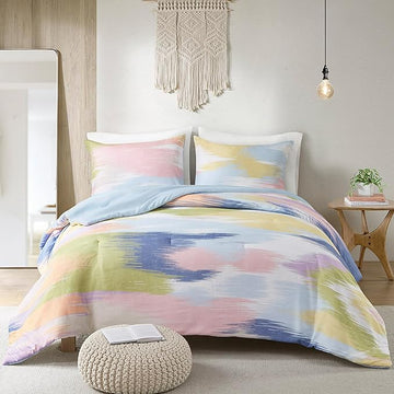 Intelligent Design Twin Comforter Set, Chic Colorful Brushstroke Abstract Print, Teenage Girl Room Décor, All Season Twin Bedding Sets for Girls, Matching Sham, Twin/Twin XL, Blue Multi 2 Piece
