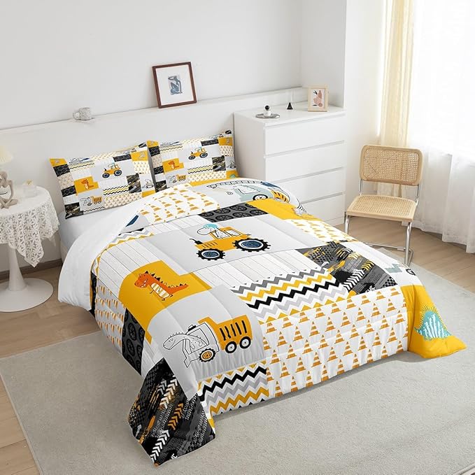 Feelyou Construction Comforter Set King Size Kids Cartoon Car Excavator Tractor Toddler Comforter Equipment Trucks Plaid Grid Yellow Comforter Set Construction Vehicles Duvet Set Quilt Set