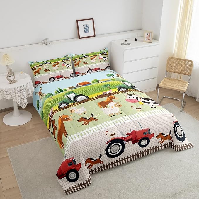 Tractor Bedding Sets for Boys Twin Size Toddler Kids Cute Cartoon Farm Animals Comforter Set Girls Children Farmhouse Country Down Comforter for All Season Colorful Room Decor Nature Theme Duvet Set