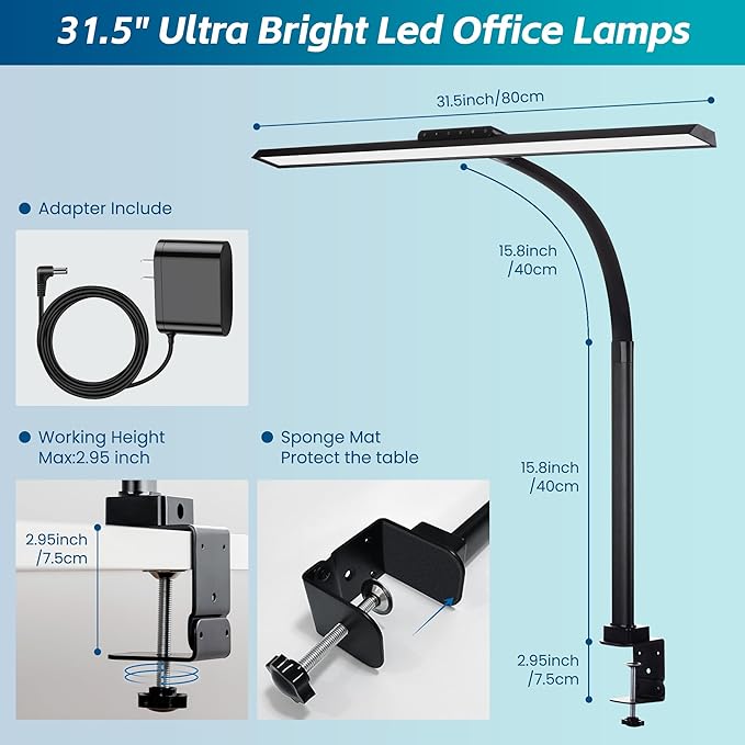 Desk Lamp, Stepless Dimming Desk Lamp with Clamp Flexible Gooseneck Desk Lamps for Home Office Eye Caring Desk Light Modern 24W Office Light for Sewing Studying Working Drawing
