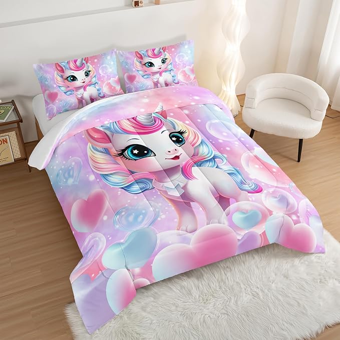 HOSIMA Unicorn Twin Bedding Sets for Girls Teens,Cartoon Kawaii Unicorn Comforter Bubble and Love Heart Bedding Set,Fantasy Unicorn Bedroom Decor for Girls Pink Purple Comforter with 2 Pillowcases.
