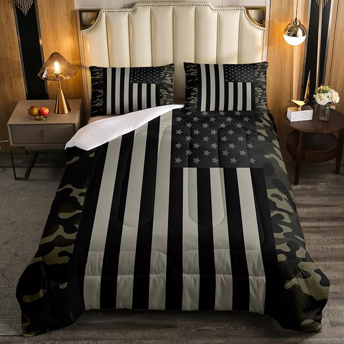 American Flag Comforter Set Twin Military Camo Down Comforter,Retro Army Green Camouflage USA Flag Bedding Set For Kids Boys Teens Men Bedroom,Black Grey Stars Stripes Quilt Duvet Set 1 Pillow Case