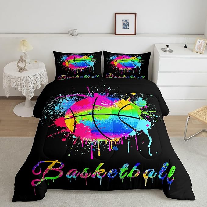 Feelyou Kids Basketball Comforter Set Queen Size Gaming Sports Bedding Set for Boys Girls Teens Bedroom Decor Ball Games Tie Dye Comforter Gift for Basketball Lover Duvet Set with 2 Pillow Case