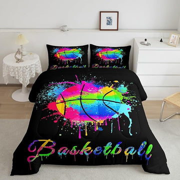 Feelyou Kids Basketball Comforter Set King Size Gaming Sports Bedding Set for Boys Girls Teens Bedroom Decor Ball Games Tie Dye Comforter Gift for Basketball Lover Duvet Set with 2 Pillow Case