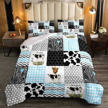 Erosebridal Kawaii Cow Print Comforter Set - Full Size, Blue Black Grey, 3 Pieces