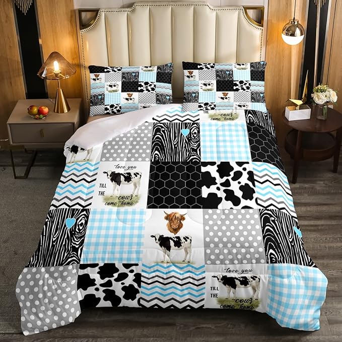 Cute Cow Print Comforter Set Twin Size Kawaii Highland Cow Bedding Set Bedroom Decor Honeycomb Plaid Pattern Geometric Stripes Down Comforter Cartoon Farm Animals Duvet Set, Blue Black Grey