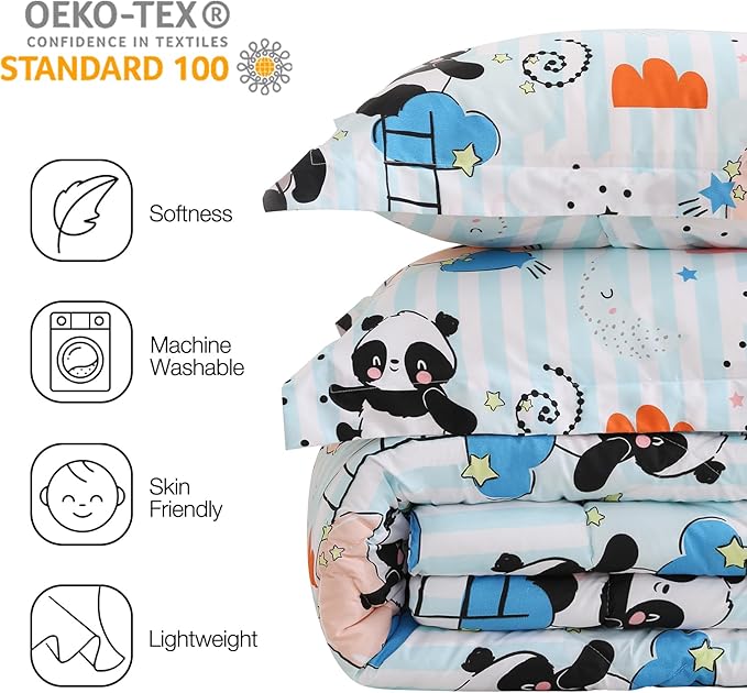 JSD Cute Panda Kids Comforter Set, 3 Pieces Full Microfiber Comforter with Pillow Shams, Soft Comfortable Machine Washable