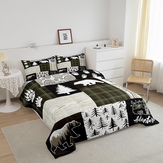Bear Comforter Set Twin Size,Pine Trees Animals Hunting Bedding Set for Kids Boys Girls Adults Room Decor,Camping Adventure Rustic Farmhouse Down Comforter,Green Plaids Duvet Insert,1 Pillowcase