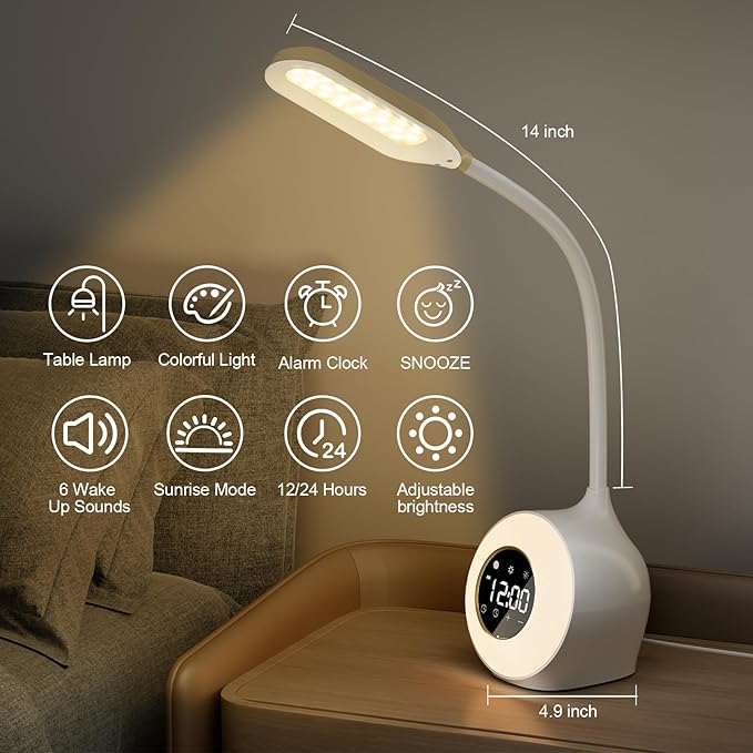 Desk Lamp with Alarm Clock, Sunrise Alarm Clock for Bedrooms,Digital Clock with Colourful Light, Cool Stuff Alarm Clocks for Kids