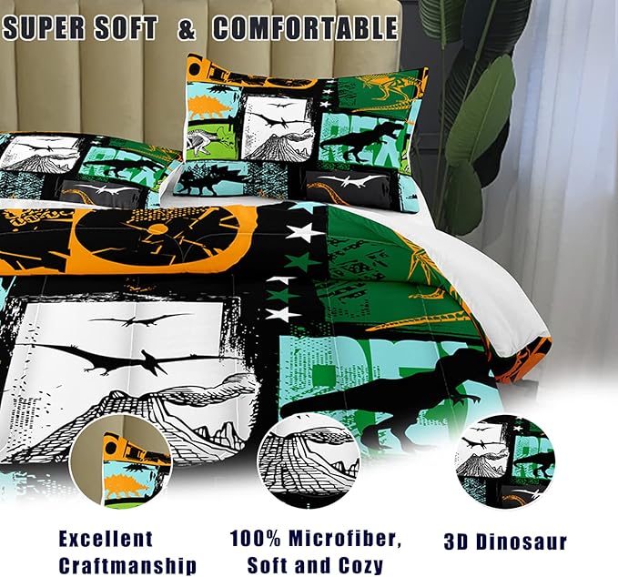 Bodhi Queen Size Teen Comforter Set,Boys Comforter Bedding Set with Pillowcases,Teen Kids Queen Size Dinosaur Comforter Set,Cartoon Dinosaur Bedding Set,Boy Bed Set