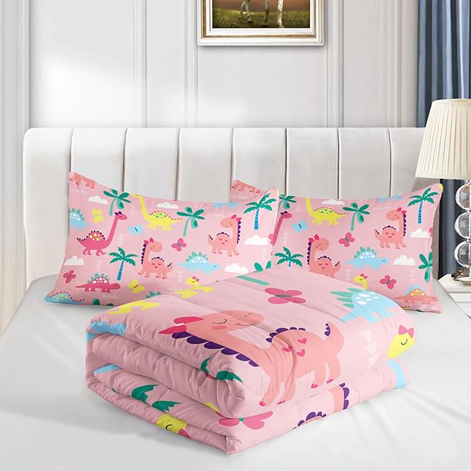 Axolotl Cute Dinosaur Comforter Set Twin,Colorful Dinosaur Girls Bedding Set,Dinosaurs Print Comforter Sets Botanical Palm Trees,Butterfly Bedding Set for Kids Girls Teens,1 Quilt 2 Pillowcases,Pink