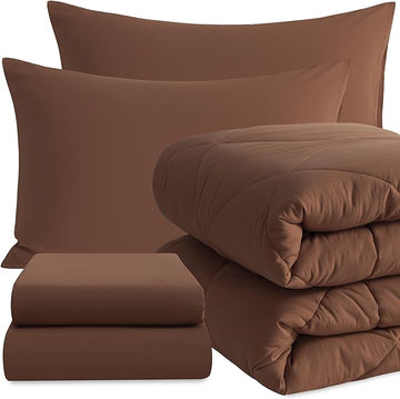 NTBAY Twin Comforter Set with Sheets, 5 Pieces Soft and Breathable Twin Bedding Set, Twin Bed in a Bag, Down Alternative Comforter Set Solid Color All Season, Kids Bedding Set, Brown