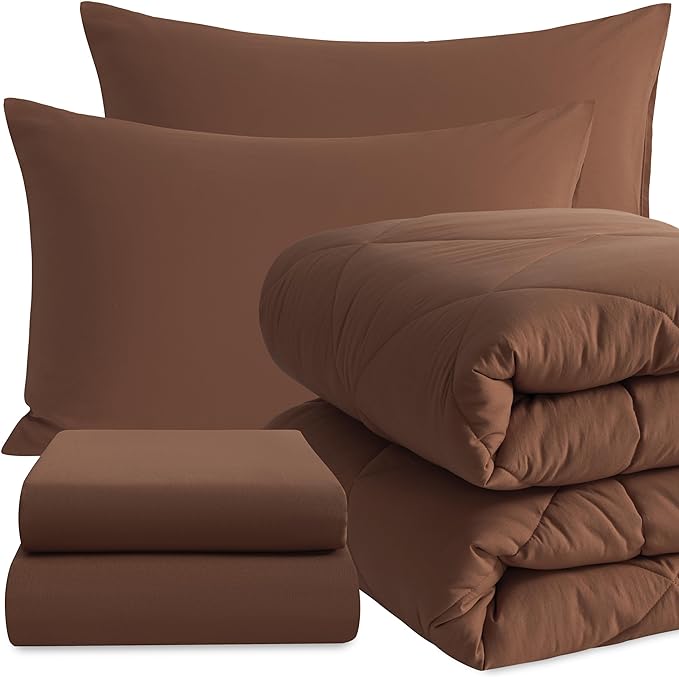 NTBAY Twin Comforter Set with Sheets, 5 Pieces Soft and Breathable Twin Bedding Set, Twin Bed in a Bag, Down Alternative Comforter Set Solid Color All Season, Kids Bedding Set, Brown