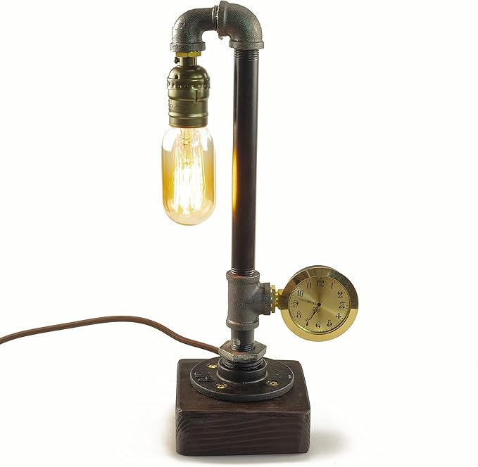 Steampunk Lamp with Dimmer, Dimmable Loft Style Industrial Vintage Antique Style Light with Bulb, Wood Base with Iron Piping Desk Lamp, Retro Desk Lamp LL-035
