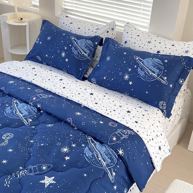 7 Piece Boys Space Comforter Set Full Size Bed in A Bag Star Rocket Galaxy Universe Planets Bedding Set for Kids Teens Girls Microfiber Blue Quilt All Season