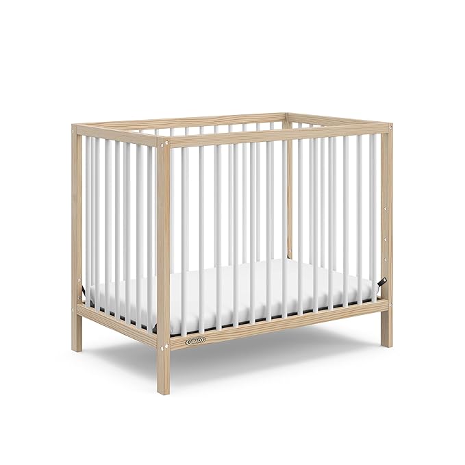 Graco Teddi 4-in-1 Convertible Mini Crib with Bonus Water-Resistant Mattress (Natural with White) – GREENGUARD Gold Certified, 2.75-Inch Mattress Included, Convenient Size, Easy 30-Minute Assembly