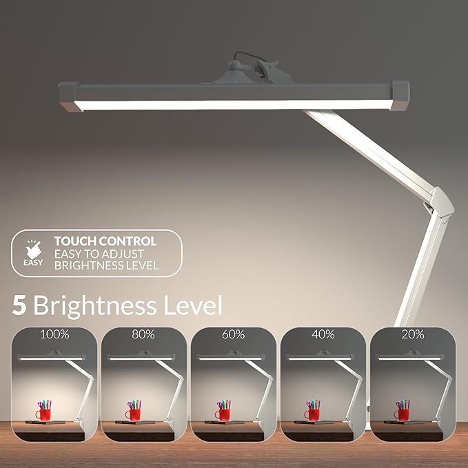 Super Bright 2,300 Lumens Powerful Professional Eye Care LED Desk Lamp, Brightness Adjustable, Task Light for Home, Beauty, Crafting, Office, Workbench (Daylight, Dimmable, White)