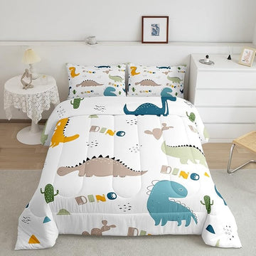 Feelyou Cute Dinosaur Comforter Set Cartoon Cactus Bedding Set Decor Jungle Dino Boho Succulent Comforter Wild Animal Pattern Yellow Grey Duvet Set Bedroom Quilt Set 2Pcs Twin