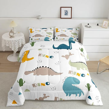 Feelyou Cute Dinosaur Comforter Set Cartoon Cactus Bedding Set Decor Jungle Dino Boho Succulent Comforter Wild Animal Pattern Yellow Grey Duvet Set Bedroom Quilt Set 3Pcs Full