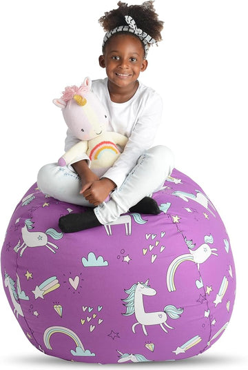 Creative QT Stuff ’n Sit Large 33’’ Bean Bag Storage Cover for Stuffed Animals & Toys – Purple Unicorn Print – Toddler & Kids’ Rooms Organizer – Beanbag Makes Great Plush Toy Hammock Alternative