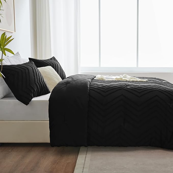 CozyLux Twin/Twin XL Size Comforter Set Black - 2 Pieces Black Boho Tufted Shabby Chic Bedding Comforter Set for All Seasons, Chevron Bedding Sets with Comforter & 1 Pillow Shams
