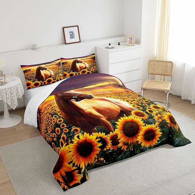 3D Horse Comforter Set for Kids Boys Wild Animal Down Comforter Girls Teen Adult Women Sunflower Quilted Duvet Brown Horse Bedding Comforters Cowboys Farmhouse Comforter with 2 Pillowcases, Queen Size