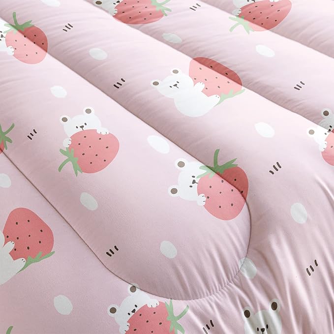 Cartoon Bear Comforter King Size,Pink Strawberry Comforter Set for Kids Teens Girls,3Pcs Bedding Set Printed Comforter with 2 Pillowcases,Down Alternative,Soft and Lightweight，King Size