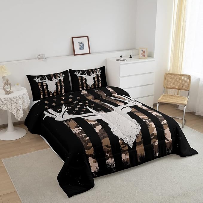 Erosebridal American Flag Bedding Full, Hunting Deer Theme Comforter Set for Kids Boys Youth Adults, Geometric Camo Stripes Bedding Comforter Sets Bedroom Decor with 2 Pillowcases