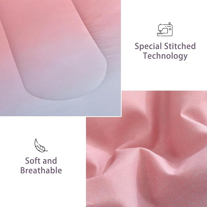 Dinjoy Girls Comforter Set Twin Size Colorful Rainbow Ombre Pink Purple Light Blue Bedding Set Gradient 6 Pieces Bed in A Bag for Kids Teen Women(1 Comforter, 1 Flat Sheet, 1 Fitted Sheet)