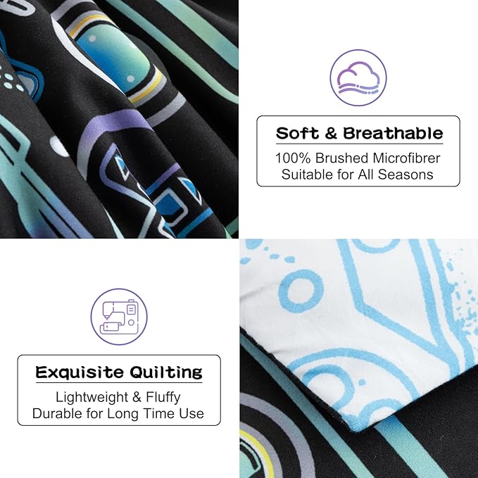 Meeting Story Gamer Gaming Bedding Sets Fluorescence Gamepad Comforter Set for Boys Games Console Action Buttons Novelty Colorful Modern Room Decor Home Quilt Set (Black, Full)