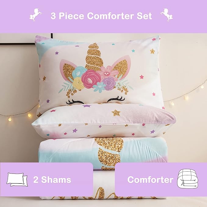 Twin Size Comforter Set for Girls, 3-Piece Bed in a Bag, 3D Colorful Unicorn Bedding Comforter Sheet Set, Ultra Soft and Fluffy, Pink & Rainbow Color
