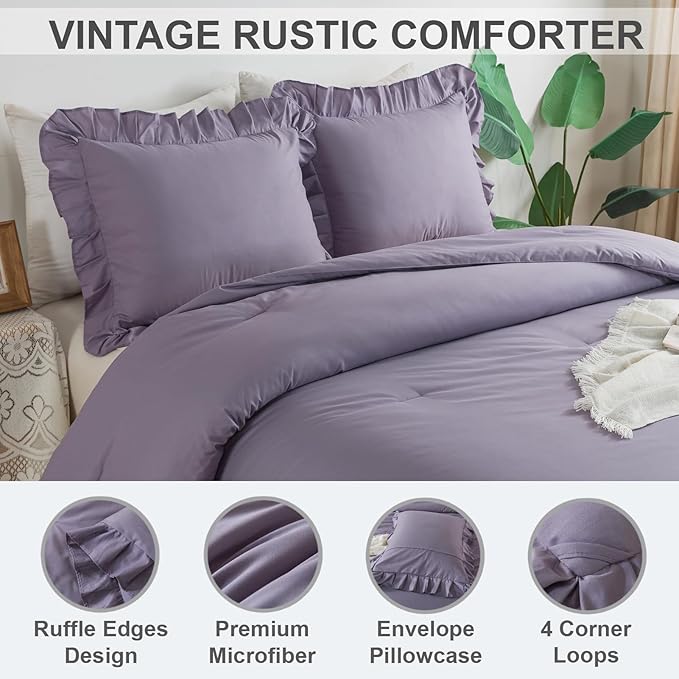 Andency Grayish Purple Ruffle Comforter King, 3 Pieces Solid Farmhouse Shabby Chic Comforter, Lightweight Soft Microfiber Vintage Rustic Bedding Sets All Season (104x90Inch Comforter)