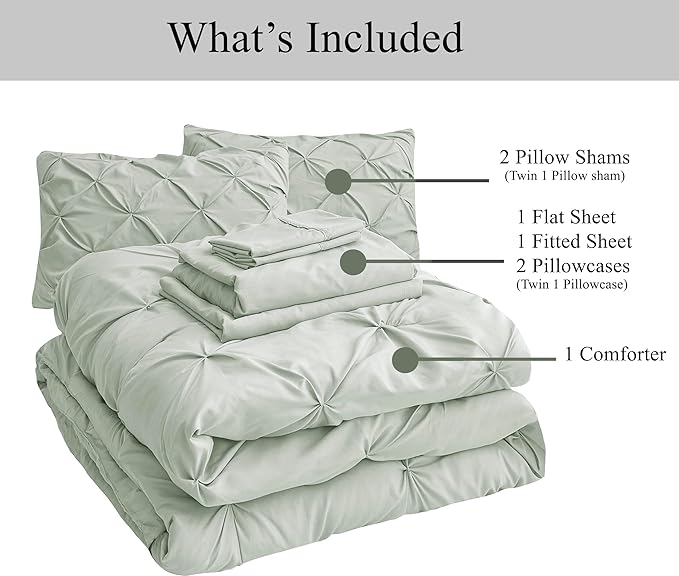 LANE LINEN Twin Comforter Set, 5 Piece Twin Bedding Sets, Ultra Soft Pintuck Twin Bed in a Bag Set with Down Alternative Comforter, Sheets, Pillowcase & Sham, Pinch Pleated Kids Bedding Set - Mineral