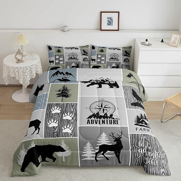 Rustic Farmhouse Cabin Kids Comforter Set Queen Size,Deer Bear Hunting Adventure Bedding Set for Boys Girls Adults Room Decor,Geometric Plaids Down Comforter,Gray Green Duvet Insert,2 Pillowcases