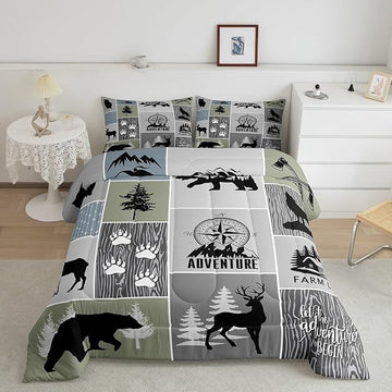 Rustic Farmhouse Cabin Kids Comforter Set King Size,Deer Bear Hunting Adventure Bedding Set for Boys Girls Adults Room Decor,Geometric Plaids Down Comforter,Gray Green Duvet Insert,2 Pillowcases