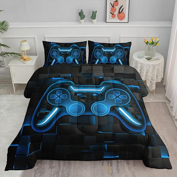 Axolotl Gamepad Comforter Set Twin Size,Blue Grid Print Bedding Set,Boys Gaming Console Comforter Set,Modern Gaming controller Geometry Bedding Set for Adult Teens Men,1 Quilt 2 Pillowcases,Blue Black