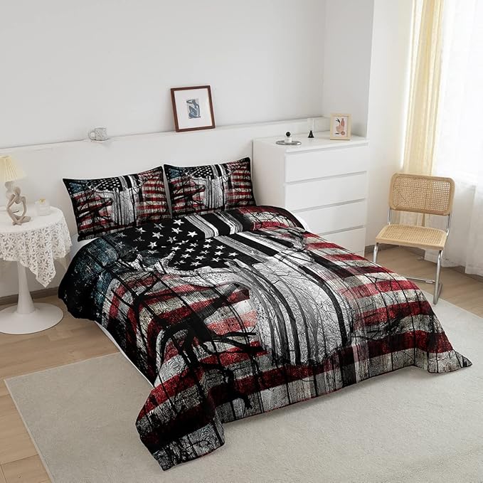 Feelyou American Flag Deer Antlers Bedding Set Hunting Camping Comforter Set for Kids Boys Girls USA Flag Comforter Tree Branch Inner Fill Duvet Set 1 Comforter Set with 2 Pillowcases King Size