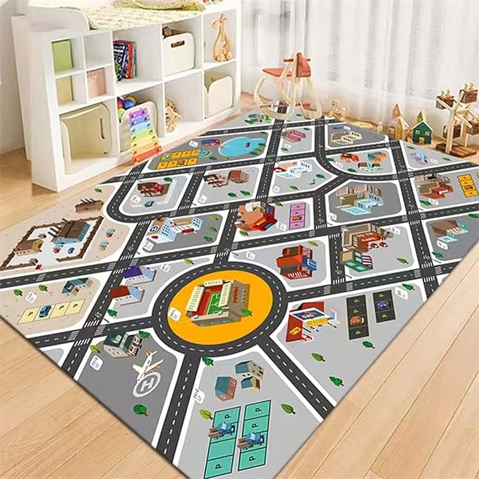 Kids Rug Play Mat Great for Playing with Cars and Toys,Educational Kid Road and Traffic City Life Carpet,Children Baby Fun Throw Rug for Bedroom Play Room,55X79Inch/140X200CM