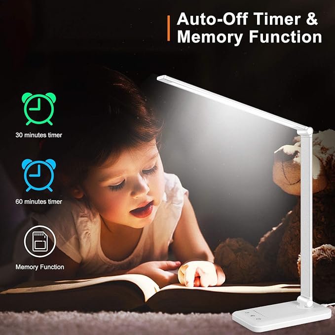 Linkstyle LED Desk Lamp, Table Light with USB Charging Port, Foldable Dimmable 5 Modes 10 Brightness Levels Touch Control Desk Light Auto Timer Eye Caring Book Reading Lamps for Home Office