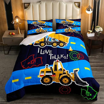 Truck Comforter Set Boys Queen Bedding Sets Kids Excavator Equipment Truck Duvet Set Construction Vehicle Quilt Set Cartoon Machinery Truck Gear Comforter Set Bulldozer Tractor Cars Bedding,Colorful