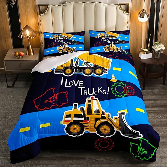 Truck Comforter Set Boys Twin Bedding Sets Kids Excavator Equipment Truck Down Comforter Construction Vehicle Quilt Duvet Set Cartoon Machinery Truck Gear Duvet Set Bulldozer Tractor Cars,Colorful