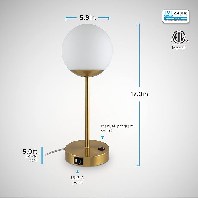 Enbrighten Bedside Decor Lamp Tabletop Wi-FI Dimmable Color Changing Music-Sync 2-Port USB-charging Station 2.4A Dorm Bedroom Home Office Living Room Compatible with Alexa 62433 Brass