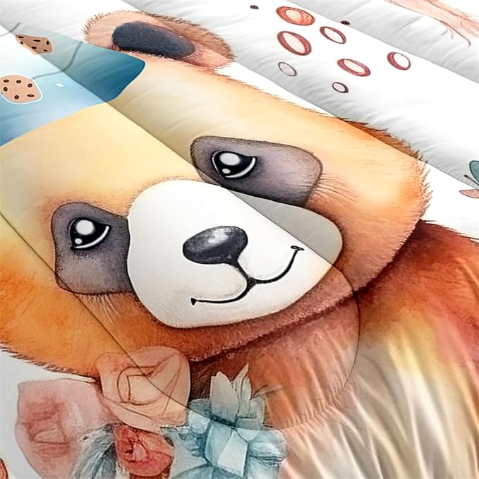 Brown Panda Bedding Set - Boys Girls Kids Cute Panda Pattern Comforter Set Full Size 3Pcs Kawaii Lovely Animals Theme Quilt Cover Set White Panda Bedding Set with 1 Comforter Set with 2 Pillowcases