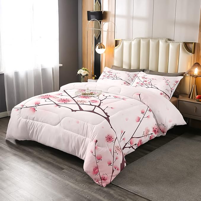 Erosebridal Cherry Blossoms Comforter Set Full, Girl Pink Floral Down Comforter, Japanese Spring Bedding Set, Pale Pink Blossom Petal Quilted Duvet, Branch Floral Duvet Set for Women,Girly Romantic