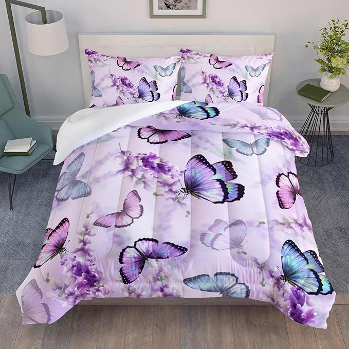 Purple Lavender Butterfly Comforter Set for Girl Kid Adult Colorful Butterfly Pattern Bedding Set Aesthetics Butterflies Quilt Bed Set Queen Size with 1 Comforter and 2 Pillowcases