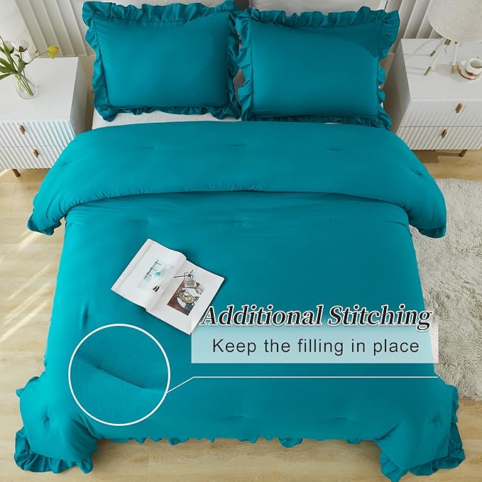 Andency Turquoise Comforter Set Twin Size, 2 Pieces Shabby Chic Ruffle Bed Comforter Set for Kids Boys Girls, All Season Soft Lightweight Solid Down Alternative Bedding Set