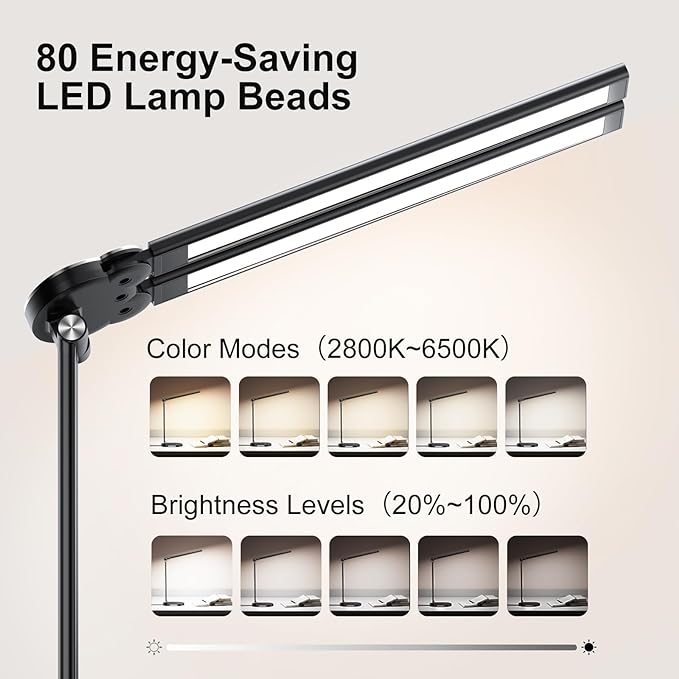 Desk Lamps for Home Office, Eye-Care LED Desk Lamp with USB Charging Port, Touch Control Table Lamp with Night Light Mode, 60 min Timer Desktop Lamp for College Dorm Room Bedroom