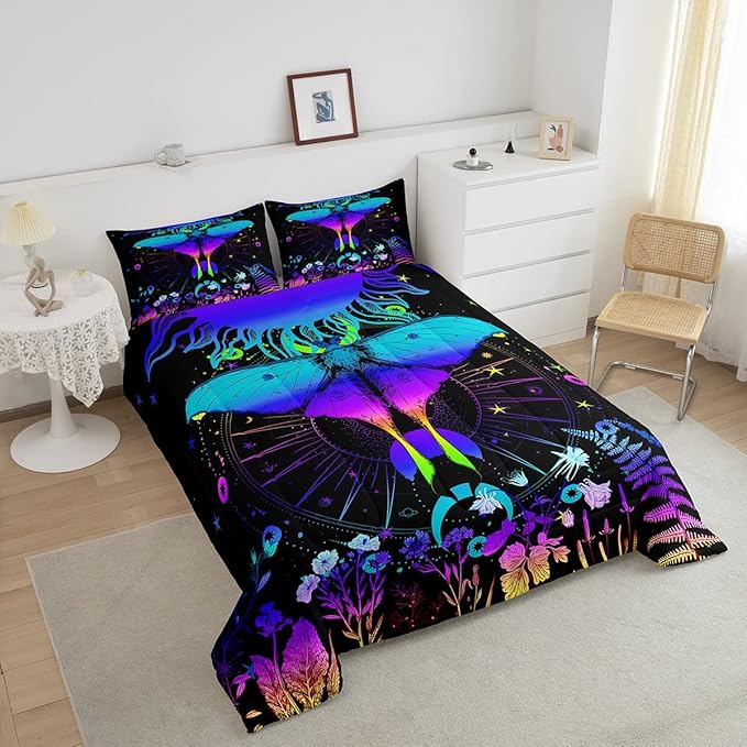 Erosebridal Moth Comforter Set Hippie Psychedelic Sun and Moon Bedding Set Twin,Purple Blue Ombre Galaxy Floral Botanical Comforter for Girls Teens Women Stars Planet Quilt Duvet 1 Pillowcase