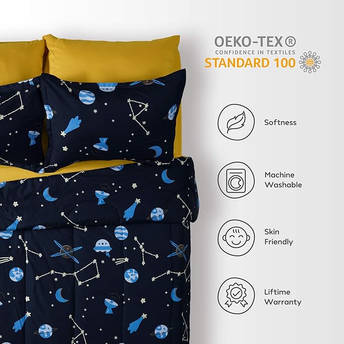 SLEEP ZONE Kids Twin Bedding Comforter Set - Super Cute & Soft Kids Bedding 5 Pieces Set with Comforter, Sheet, Pillowcase & Sham (Navy Galaxy)